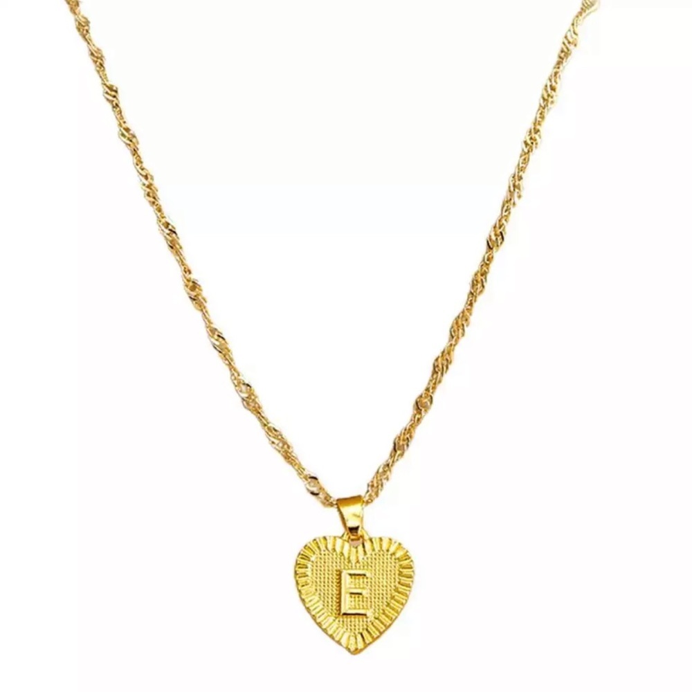 Gold Heart Initial Letter Necklace Charm Minimal E